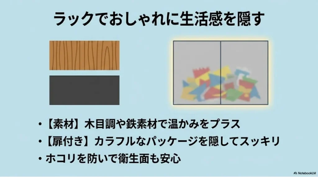 木目調ラックや扉付き収納で生活感を隠す方法を紹介したスライド。