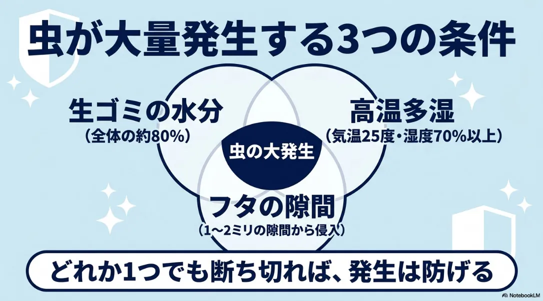 虫が大量発生する3つの条件である水分、高温多湿、フタの隙間