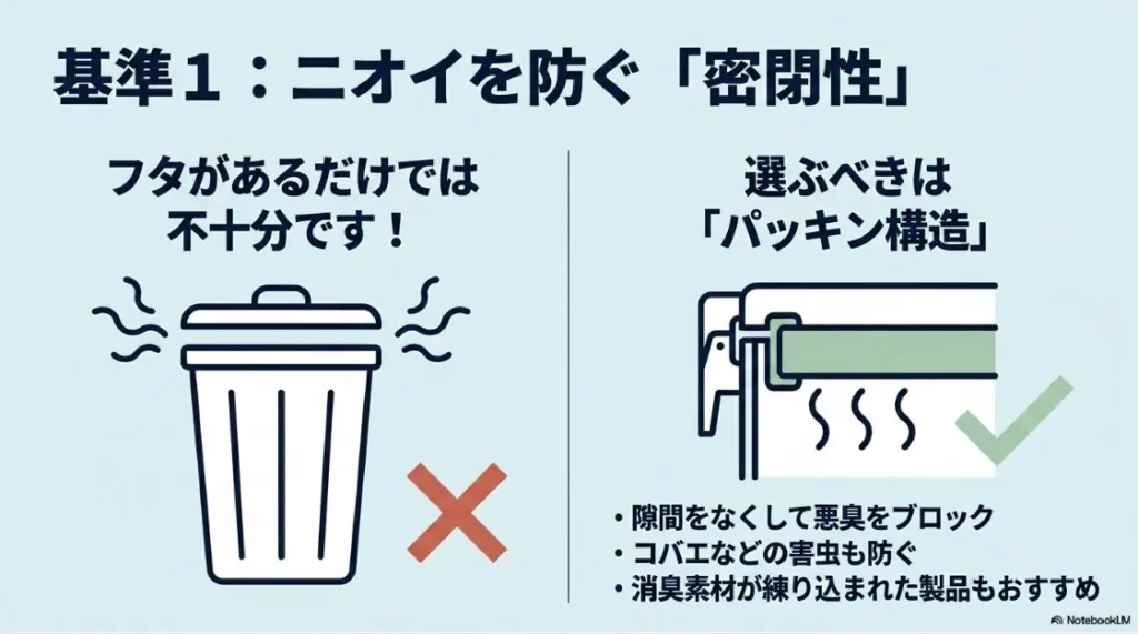 ニオイを防ぐパッキン構造の密閉性を持つゴミ箱
