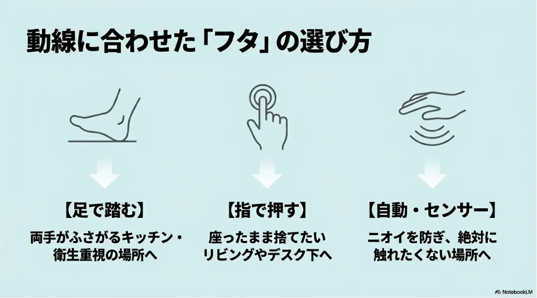 動線に合わせた「フタ」の選び方。足で踏むペダル式、指で押すプッシュ式、自動・センサー式の比較