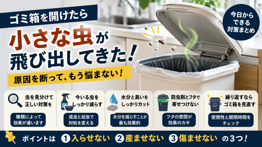 ゴミ箱を開けたときに小さな虫が飛び出す原因と、水分・臭い・フタの密閉による虫対策を解説するイメージ