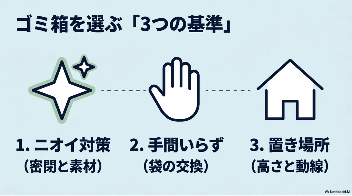 ゴミ箱を選ぶ3つの基準であるニオイ対策、手間いらず、置き場所