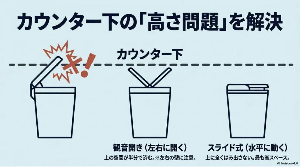 カウンター下の高さ問題を解決する観音開きとスライド式のゴミ箱