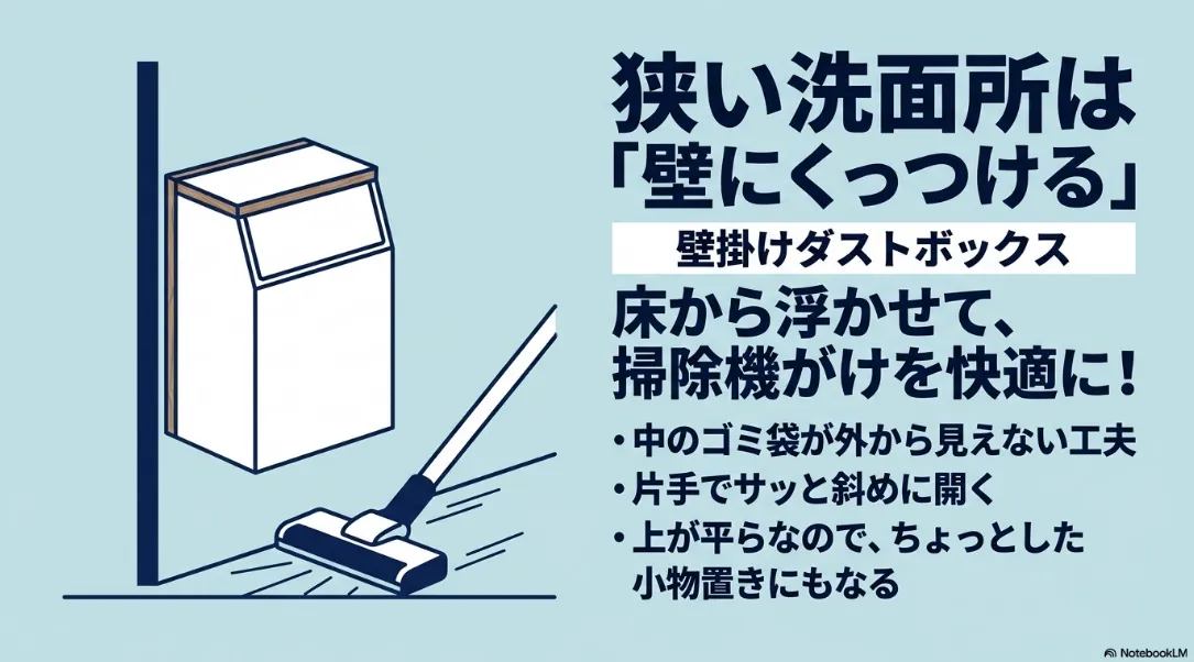 床掃除を楽にし、洗面所の壁に取り付けられるフラップ式の「壁掛けダストボックス」