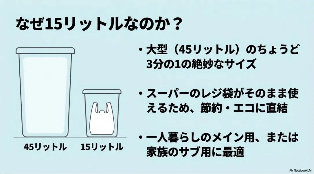 なぜ15リットルなのか？大型（45リットル）の3分の1の絶妙なサイズで、スーパーのレジ袋がそのまま使えるメリット