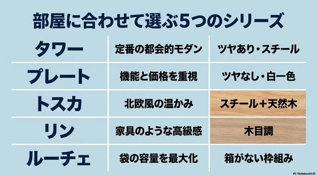 部屋に合わせて選ぶ山崎実業の5つのゴミ箱シリーズ（タワー、プレート、トスカ、リン、ルーチェ）の特徴比較表