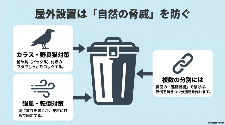 屋外用70リットルゴミ箱のカラス・野良猫対策、強風による転倒対策、複数台の連結機能を示した図