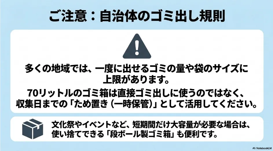 70リットルゴミ箱を一時保管に使う際の自治体ルールと、イベント向け段ボール製ゴミ箱を説明した図
