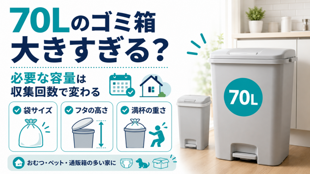 70Lのゴミ箱が大きすぎるか、収集回数・袋サイズ・フタの高さ・満杯時の重さから選び方を解説するアイキャッチ画像