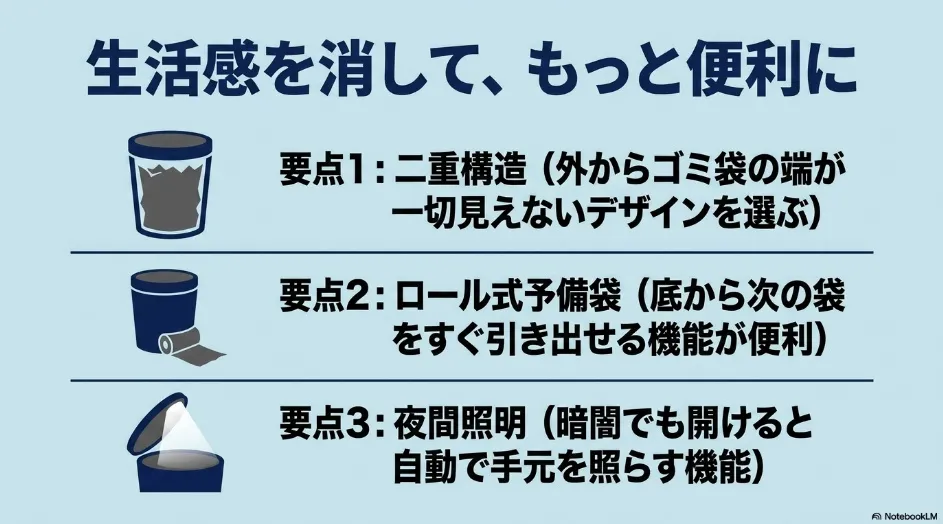 ゴミ袋が見えない二重構造、ロール式予備袋、夜間照明を備えた車用ゴミ箱の便利機能