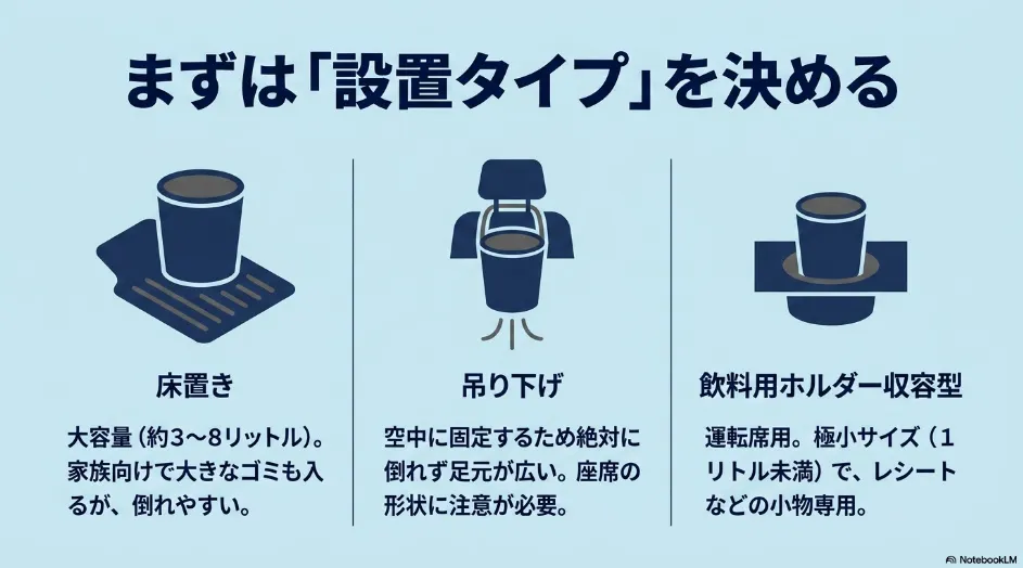 床置き、吊り下げ、ドリンクホルダー収納型の車用ゴミ箱を比較した図