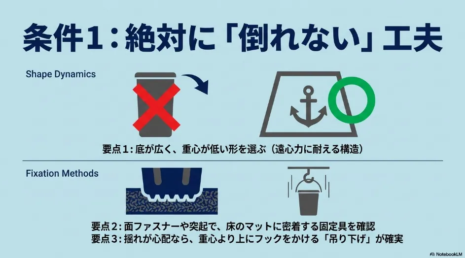車用ゴミ箱が倒れないように底の広さや重心、面ファスナー、吊り下げで固定する方法