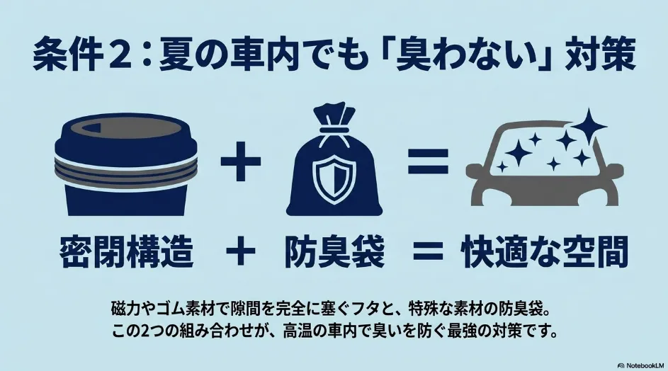 密閉構造の車用ゴミ箱と防臭袋を組み合わせて臭い漏れを防ぐ方法