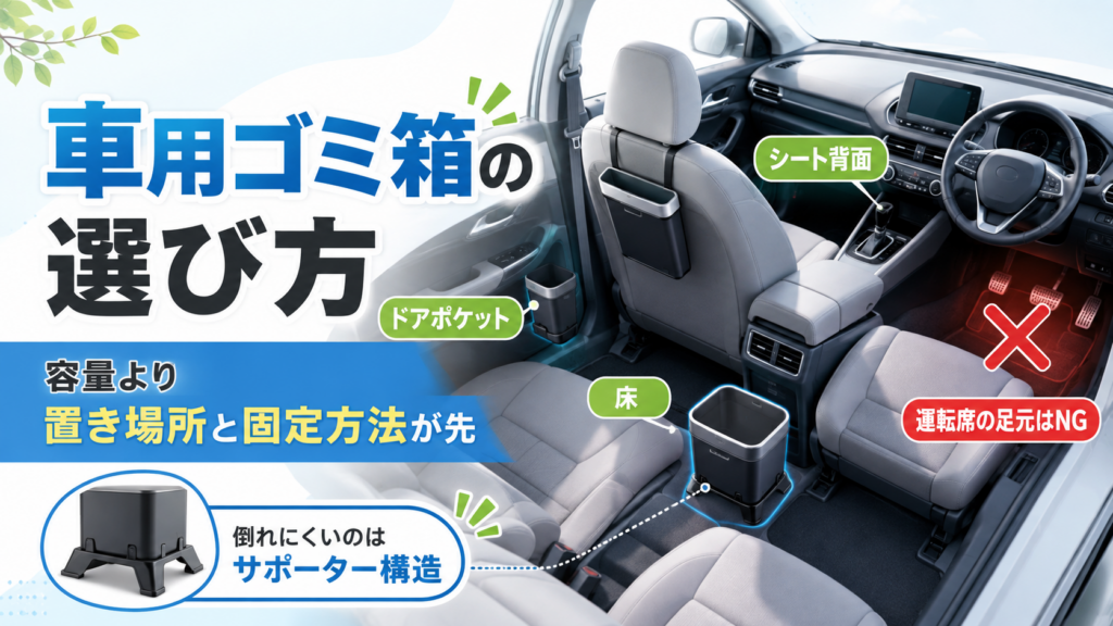 車用ゴミ箱の選び方を解説し、床・シート背面・ドアポケットの置き場所と、運転席の足元を避ける注意点、倒れにくいサポーター構造を示した画像。