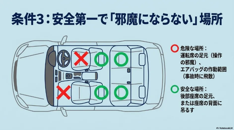 車用ゴミ箱を設置してはいけない運転席の足元とエアバッグ周辺、安全な後部座席の位置