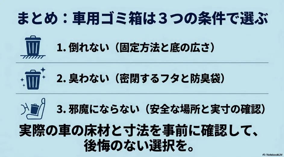 車用ゴミ箱を倒れない、臭わない、邪魔にならないの3条件で選ぶまとめ