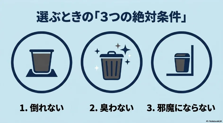 車用ゴミ箱を選ぶ条件である倒れない、臭わない、邪魔にならないの3項目
