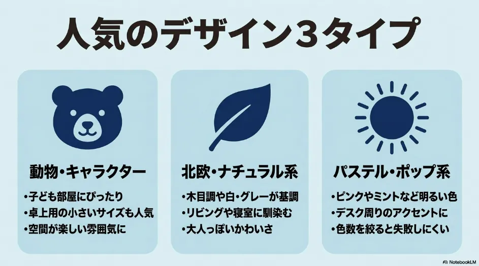 かわいいゴミ箱の動物・キャラクター、北欧・ナチュラル、パステル・ポップの3つのデザインタイプ