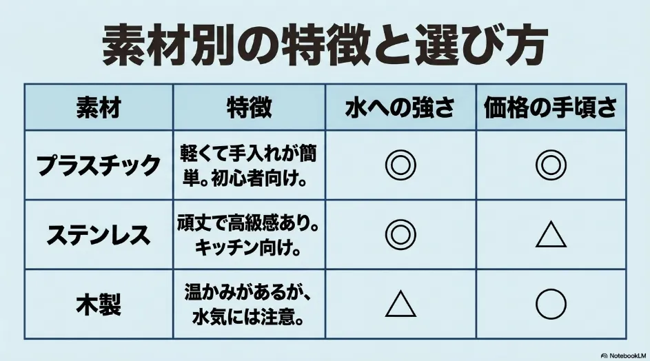 かわいいゴミ箱のプラスチック・ステンレス・木製の特徴と水への強さ、価格の比較