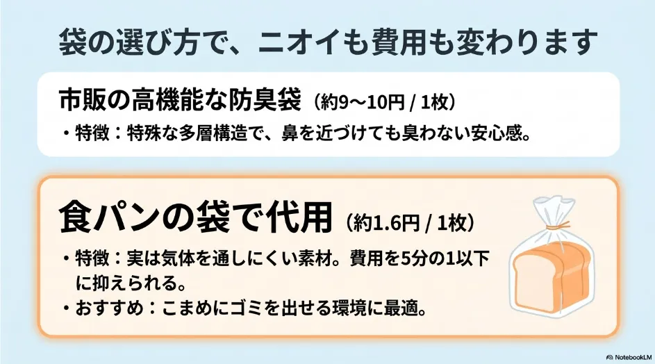 1枚約9円から10円の高機能防臭袋と1枚約1.6円の食パン袋を比較した図