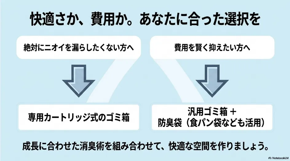 ニオイ漏れを抑えたい場合は専用カートリッジ式、費用を抑えたい場合は汎用ゴミ箱と防臭袋を選ぶ比較図
