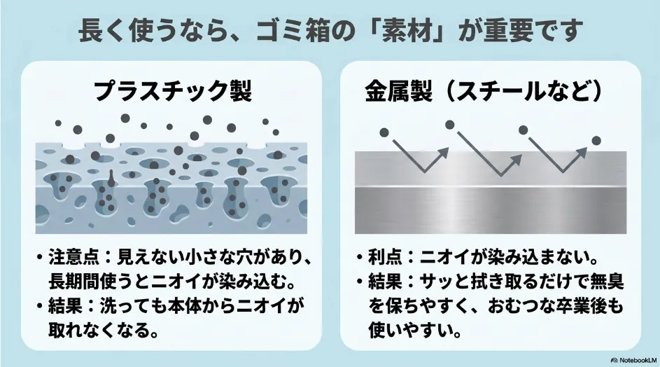 ニオイが染み込みやすいプラスチック製ゴミ箱と染み込みにくい金属製ゴミ箱の比較