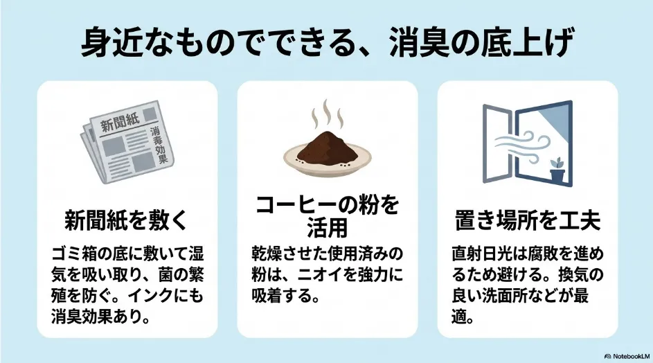 新聞紙、乾燥させたコーヒーかす、換気しやすい置き場所を活用したおむつゴミ箱の消臭方法