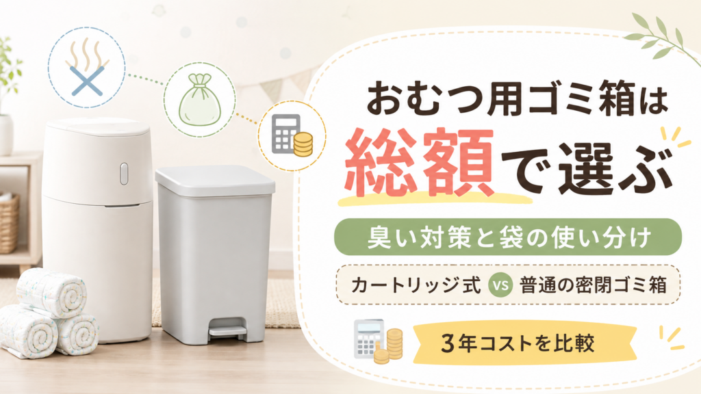 おむつ用ゴミ箱をカートリッジ式と普通の密閉ゴミ箱で比較し、臭い対策や袋の使い分け、3年間の総額コストを解説するイメージ