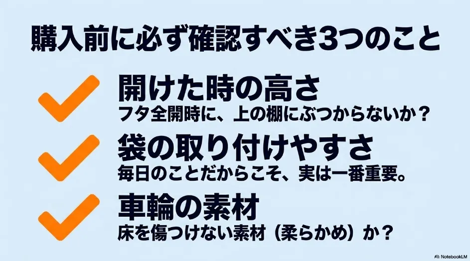 キャスター付きゴミ箱を購入する前に確認したい3つのポイント。開閉時の高さ・袋交換・車輪素材を紹介。