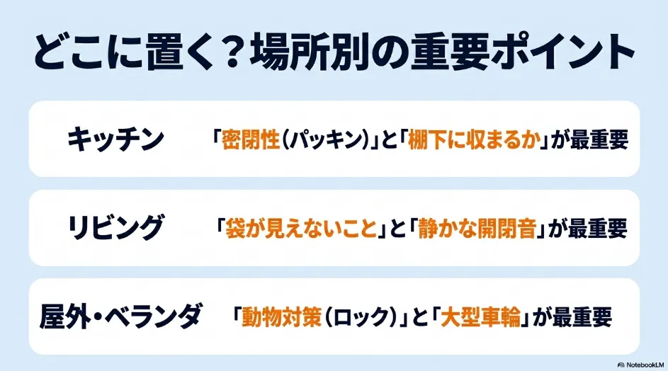 設置場所別に選ぶキャスター付きゴミ箱のポイント。キッチン・リビング・屋外で重視する条件を比較。