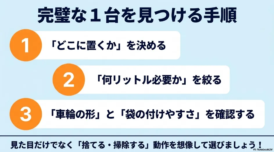 キャスター付きゴミ箱の選び方を3ステップで解説。設置場所・容量・車輪や袋交換のしやすさを確認する流れ。