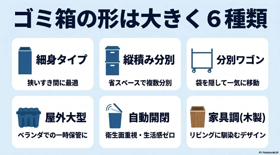 キャスター付きゴミ箱の6種類を比較。細身タイプ・縦型分別・分別ワゴン・屋外大型・自動開閉・家具調を紹介。