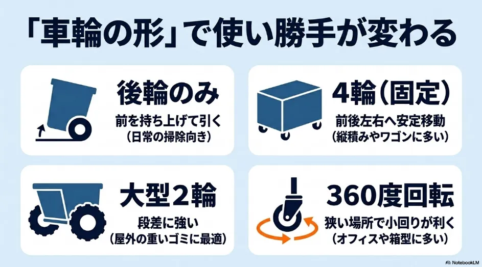 キャスター付きゴミ箱の車輪の種類を比較。後輪・4輪・大型2輪・360度回転キャスターの特徴を紹介。