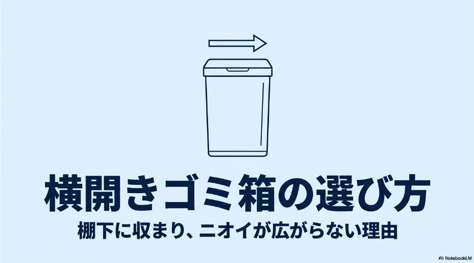 横開きゴミ箱のイラストとともに、横開きゴミ箱の選び方と、棚下に収まりニオイが広がりにくい特徴を紹介した表紙スライド