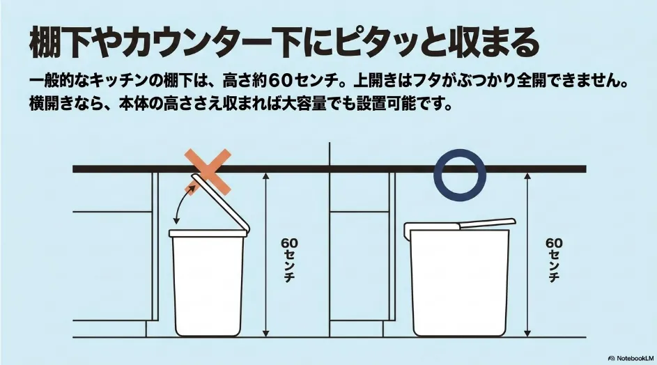 高さ約60センチの棚下では上開きゴミ箱のフタがぶつかる一方、横開きゴミ箱は開閉できることを示した比較図