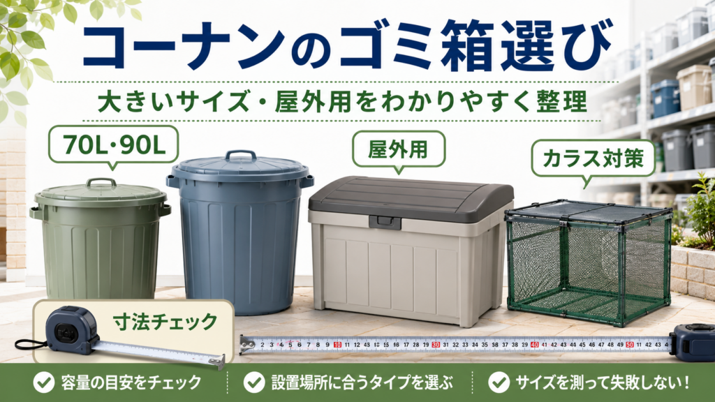 コーナンのゴミ箱選びを解説するアイキャッチ画像。70L・90Lの大容量ゴミ箱、屋外用ボックス、カラス対策用メッシュボックス、寸法確認用のメジャーを紹介