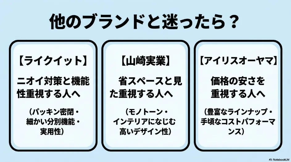 ライクイットと山崎実業・アイリスオーヤマのゴミ箱の違いを比較した図