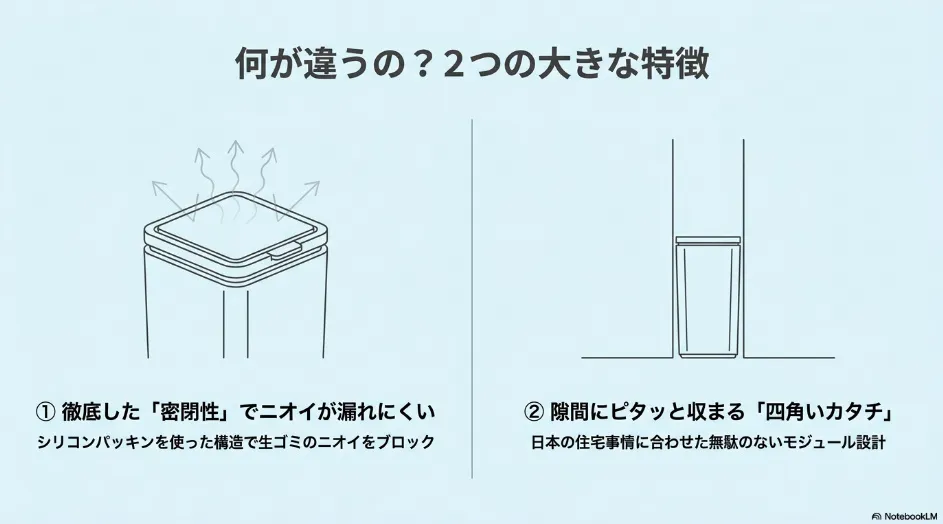 ライクイットのゴミ箱の密閉性と四角い省スペース設計を解説した図