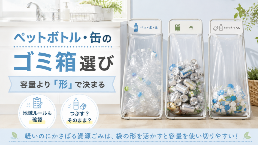 ペットボトル・缶・キャップを分別できるフレーム型ゴミ箱と、容量より形で選ぶポイントを示したアイキャッチ画像