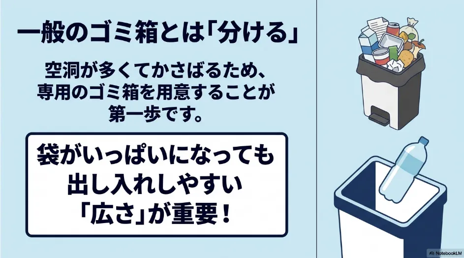 ペットボトルと缶を一般ゴミと分け、出し入れしやすい専用ゴミ箱で保管するポイント
