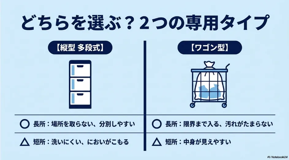 ペットボトルと缶の分別に使う縦型多段式ゴミ箱とワゴン型ゴミ箱の長所と短所