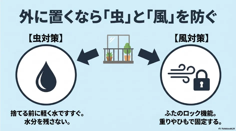 屋外にペットボトルと缶のゴミ箱を置くときの虫対策と強風対策