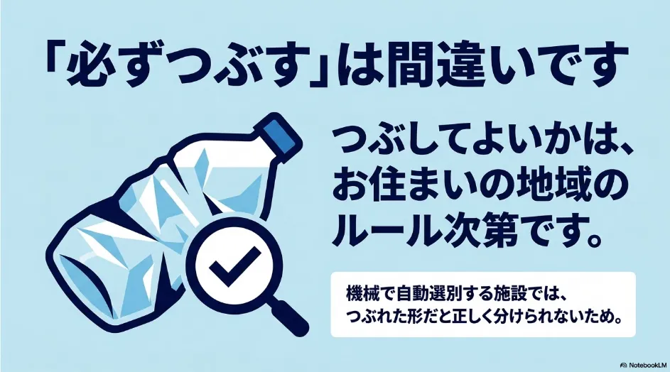 ペットボトルをつぶして出すかどうかは自治体の分別ルールによって異なることを示す図