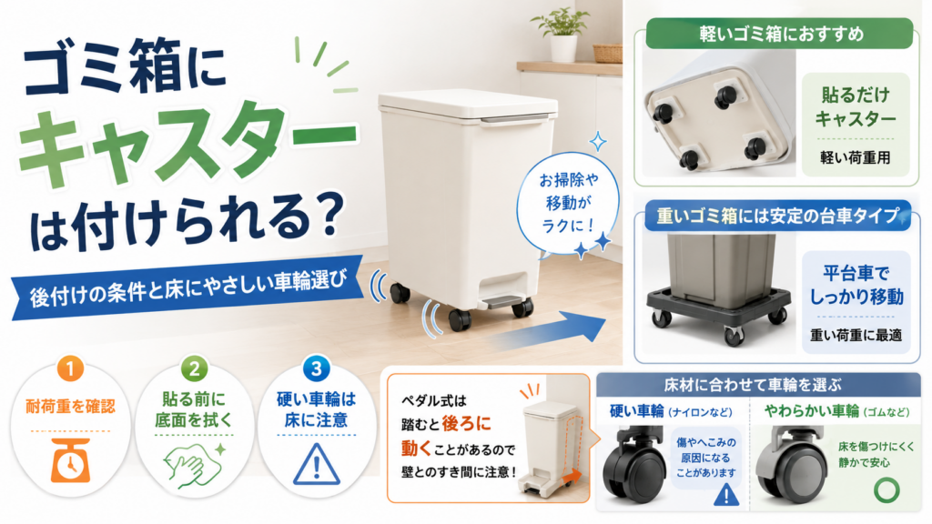 ゴミ箱にキャスターを後付けする方法と、耐荷重・床にやさしい車輪の選び方を解説するアイキャッチ画像