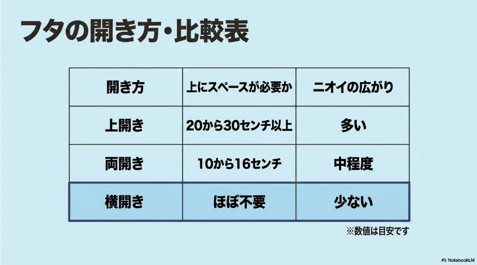 上開き、両開き、横開きについて、必要な上方スペースとニオイの広がり方を比較した表