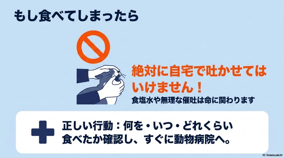 猫が誤飲したときは自宅で吐かせず、食べた物、時刻、量を確認して動物病院へ連絡する手順