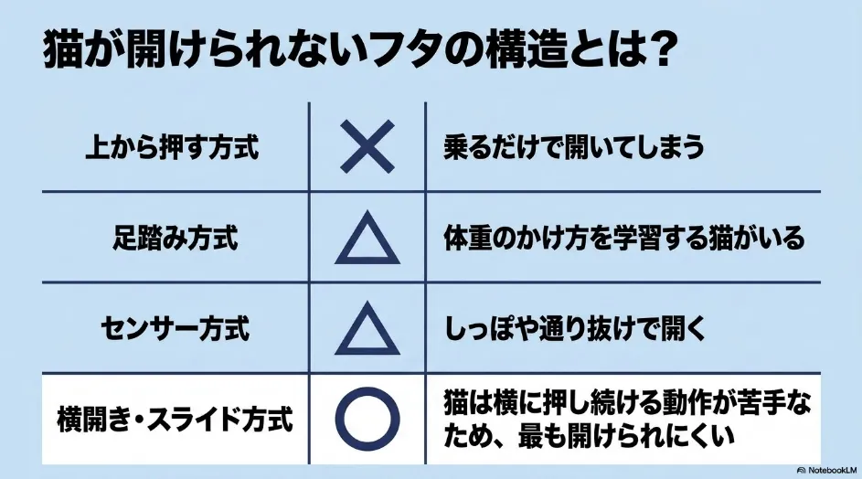 上押し、足踏み、センサー、横開きスライド式のフタについて、猫の開けにくさを比較した表