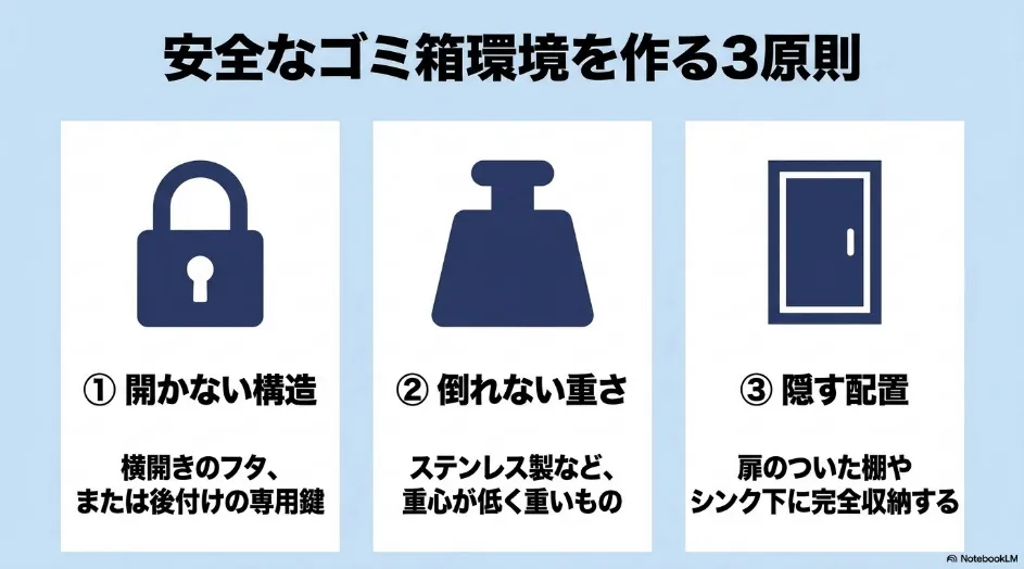 猫対策の3原則として、開かない構造、倒れない重さ、扉付き収納への設置を示した図