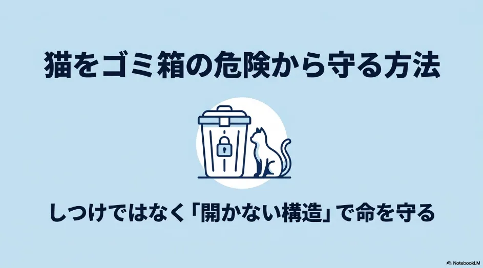鍵付きのゴミ箱と猫のイラストで、猫を守るには開けられない構造が重要だと示したスライド