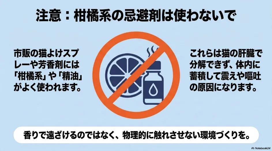 柑橘系や精油を含む猫よけ用品を避け、香りではなく物理的に近づけない対策を勧める注意図